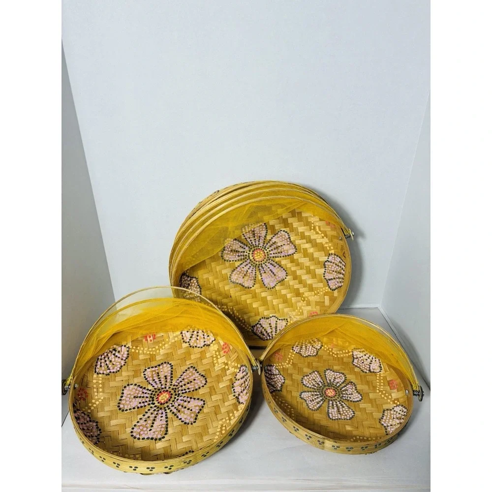Bamboo Wicker Picnic Food Baskets X3 With Yellow Bug Netting Vintage 3‎ Sizes